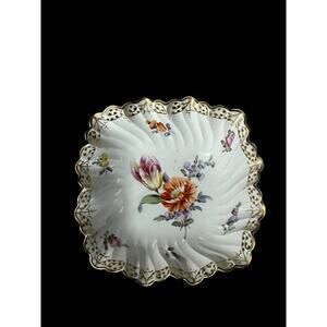 Nymphenburg Hand Painted Floral Trinket Dish Scalloped Edges With Gold Gilding